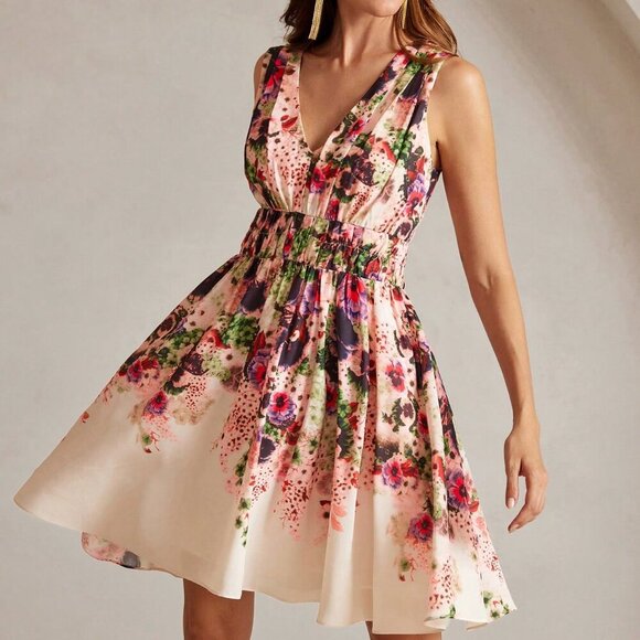 Multicolor Boho Women's Summer Waist-Defining Printed Floral Mini Dress - Picture 8 of 12